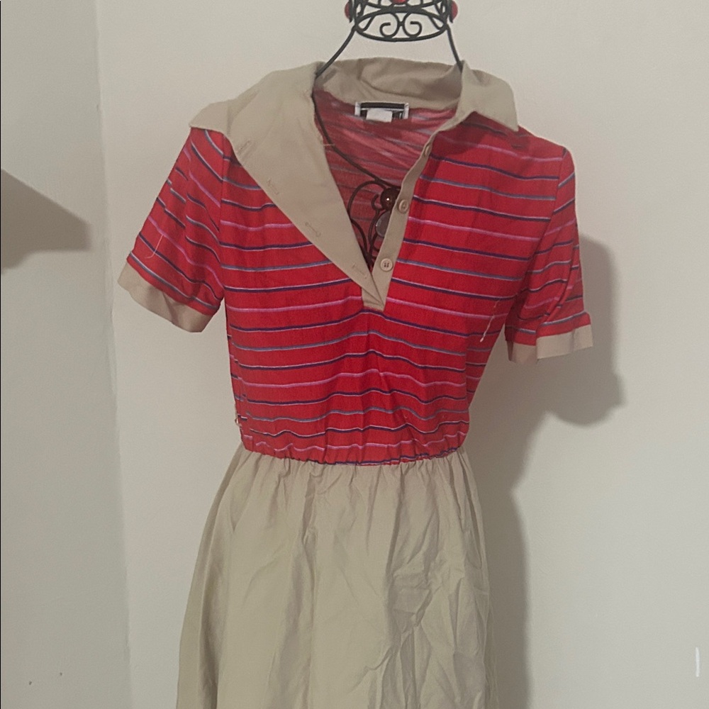 Red Striped Polo Top Dress with Khaki Skirt